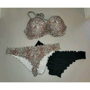 Shade & Shore Womens Sz 34D/M 3 Pc Cheetah Bikini Swimsuit Strappy Ruffle Cheeky